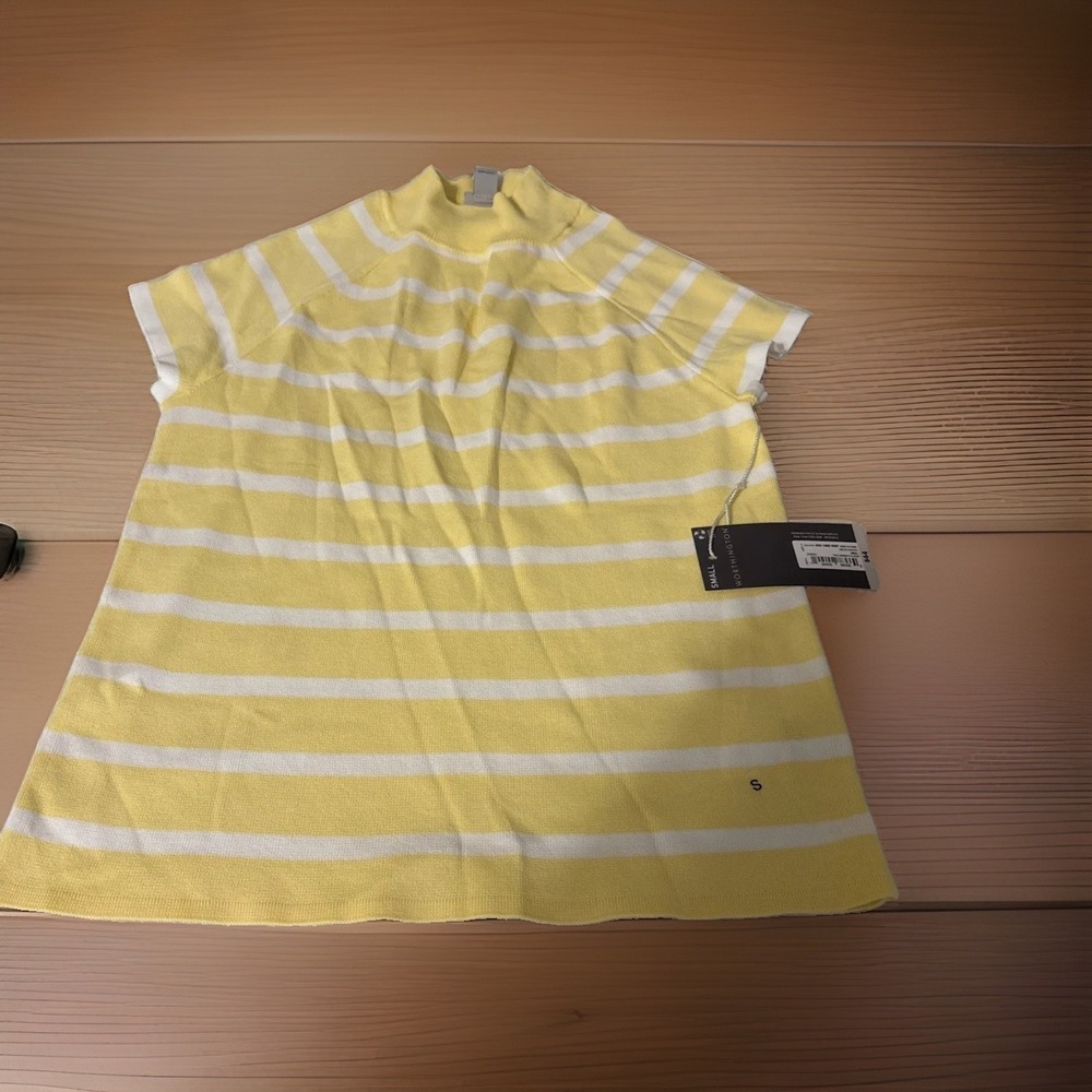 Worthington Womens Small Yellow White Striped Mock Neck Sweater Top Preppy